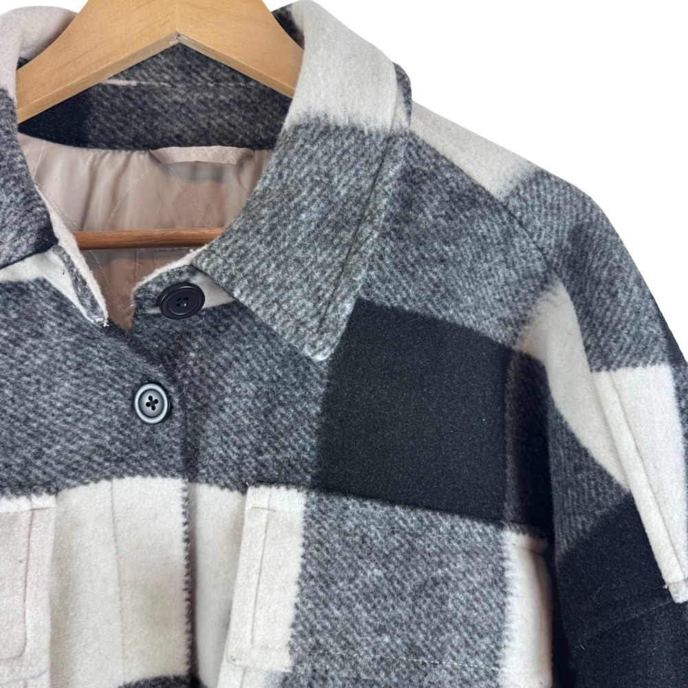 Abercrombie & Fitch Shacket Women XL Black Grey White Buffalo Plaid Quilted